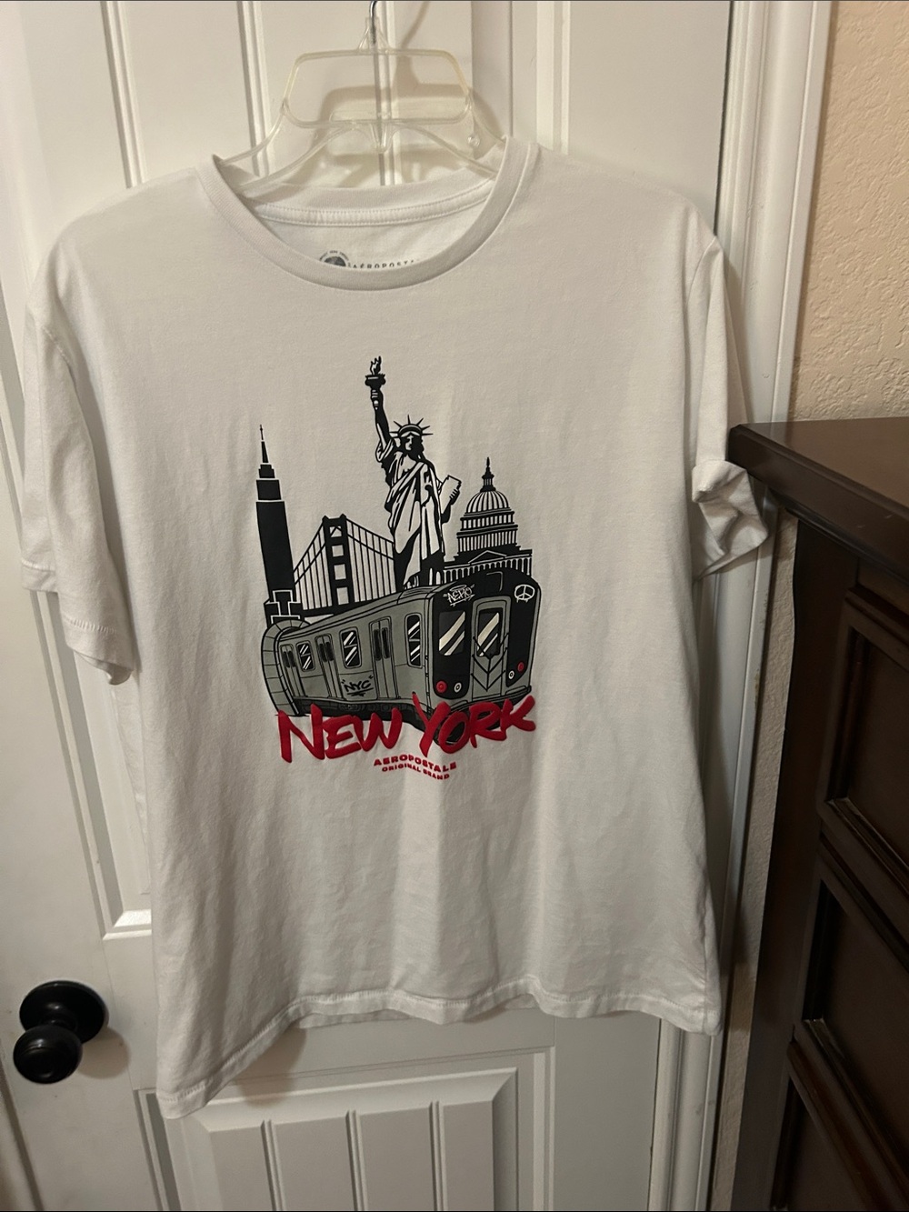 Aeropostale White New York Skyline Graphic Tee with Red Accent
